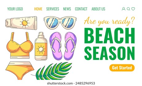 Summer elements and accessories for beach holidays. Swimsuit, sunscreen, sunglasses, flip flops and tropical leaf. Creative landing page vector template for website, web, online store, banner.