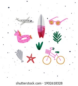 Summer elements airplane, surfboard, sunglasses, swim ring, tree, starfish, shell, plants, bike drawing in vivid color