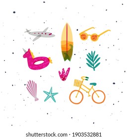 Summer elements airplane, surfboard, sunglasses, swim ring, tree, starfish, shell, plants, bike drawing in color