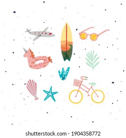 Summer elements airplane, surfboard, sunglasses, swim ring, tree, starfish, shell, plants, bike