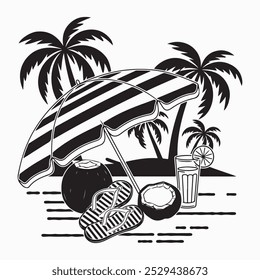Summer elements with beach , umbrella, plam tree, lemon juice  and oconut and shoes "summer. Realistic vector illustration.