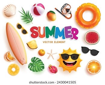 Summer elements beach vector set design. Summer elements surfboard, happy sun, sunglasses, seashells and tropical fruits isolated in white. Vector illustration summer elements collection.
