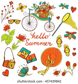 Summer elements big collection. Hand drawn vector set with flowers, butterflies, bicycle, berries in doodle style. 