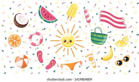 Summer elements. Bright colorful beach elements, citrus fruits, ice-cream, coconut, watermelon, banana. Yellow, red colors. Simple modern design. Tropical background. Flat style vector illustration.