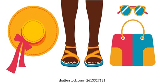 Summer elements cartoon set. Beach accessories: sandals, hat, beach bag, sunglasses. For concepts vacations, travel. Isolated elements on a white background 