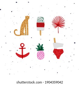 Elementos de verano guepardo, helado, flor, ancla, piña, traje de baño de vivos colores