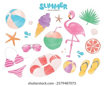 Summer elements clipart drawing set. Summer beach elements with watercolor hand drawn elements clip art in pastel color vector illustration in sunny day white background.
