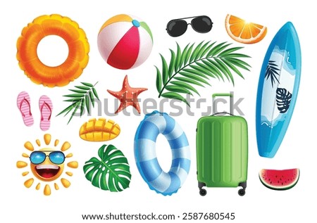 Summer elements clipart set. Summer beach elements collection for outdoor adventure trip like luggage bag, surfboard, inflatable ring and tropical objects clip art vector illustration.