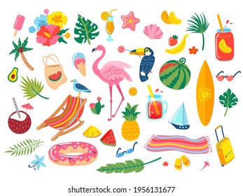 Summer elements. Cocktail drinks, soda, tropical leaves, flowers, pineapple, watermelon, flamingo, toucan. Hand drawn beach vacation doodle vector set. Collection of scrapbooking elements