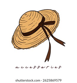 Summer elements collection accessories beach hat vintage style. Casual wear sun straw, and elegant hat. Beachwear vacation design