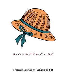 Summer elements collection accessories beach hat vintage style. Casual wear sun straw, and elegant hat. Beachwear vacation design