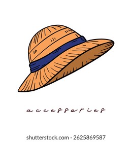 Summer elements collection accessories beach hat vintage style. Casual wear sun straw, and elegant hat. Beachwear vacation design