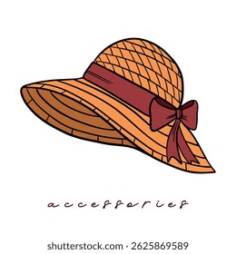 Summer elements collection accessories beach hat vintage style. Casual wear sun straw, and elegant hat. Beachwear vacation design