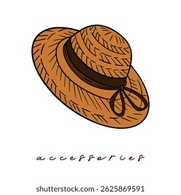 Summer elements collection accessories beach hat vintage style. Casual wear sun straw, and elegant hat. Beachwear vacation design