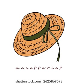 Summer elements collection accessories beach hat vintage style. Casual wear sun straw, and elegant hat. Beachwear vacation design