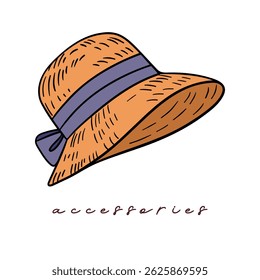 Summer elements collection accessories beach hat vintage style. Casual wear sun straw, and elegant hat. Beachwear vacation design