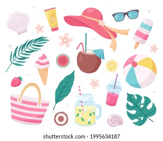 Summer elements collection: beach hat, pina colada, sunglasses, sunscreen, tropical leaves, ice cream, fruits. Vector illustration