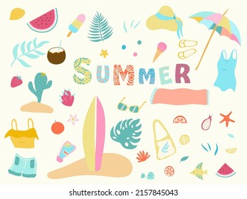 Summer Elements Collection. Enjoy the sun. Recreation items on the sand. Relax on the beach. Vector illustration.