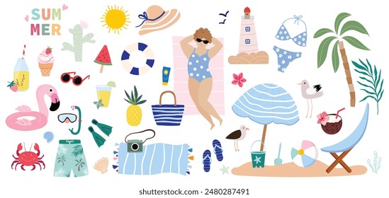 Summer elements collection with seasonal design, beach accessories isolated on white background, vector