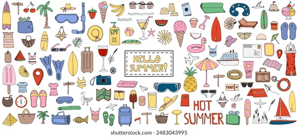 Summer elements colored doodle set. Vacation equipment, summer food, drinks, clothes. Summertime adventures, rest, fun and hobbies. Colorful hand drawn vector doodles. Isolated on white background.