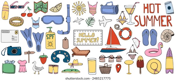 Summer elements colored doodle set. Vacation equipment,summer food, drinks,clothes. Summertime adventures, rest,beach fun and hobbies. Colorful hand drawn vector doodles. Isolated on white background.