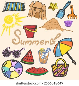 Summer elements, doodle, hand draw set with texture. Vector, isolated. Sunglasses, bucket, sand molds, cloth, swimming ring, a bag and a cocktail, parasol.