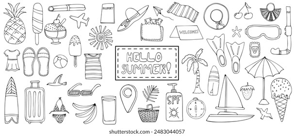 Summer elements doodle set. Vacation equipment, summer food, drinks and phrases. Summertime adventures, rest, fun and hobbies. Black lines hand drawn vector doodles. Isolated on white background.