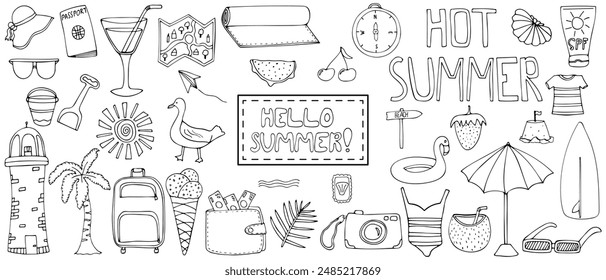 Summer elements doodle set. Vacation stuff, summer food, drinks, travel and phrases. Summertime adventures, rest, fun and hobbies. Black lines hand drawn vector doodles. Isolated on white background.