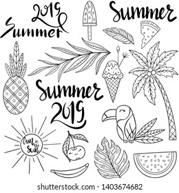 Summer elements food, drinks, palm leaves, fruits,tucan, flamingo. Bright summertime poster. Collection of scrapbooking elements for beach party. 