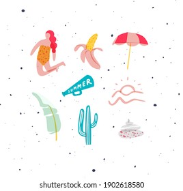 Summer elements girl, banana, umbrella, speaker, sea, sunset, palm leaf, cactus, spa stones drawing in vivid color