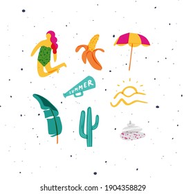Summer elements girl, banana, umbrella, speaker, sea, sunset, palm leaf, cactus, spa stones