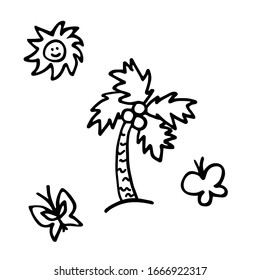 Summer elements. Hand drawn icons for print and digital. Black on white