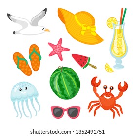 Summer elements, hat with bows and ribbon vector. Watermelon on stick, rubber flip flops, jellyfish and crab, seagull and starfish. Cocktail with lemon