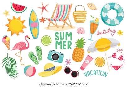 Summer elements icon clipart set. Summer graphic element colorful clip art like flamingo, sun, chair and floaters sign and symbol collection vector illustration. 