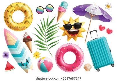 Summer elements icon clipart set. Summer colorful objects like inflatable ring, surfboard, umbrella, luggage bag, sun and palm leaves clip art symbol elements collection in white background vector