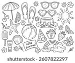 Summer elements isolated clip art, black and white line art cute drawings, summer doodles detailed illustration, hand drawn summer stickers outline drawings, tattoo doodle illustration, beach contours