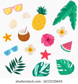 summer elements on white background isolate, palm leaves, glasses, pineapple, cocktail in coconut and flowers
