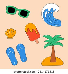 Summer elements with palm, wave, sunglasses and shell