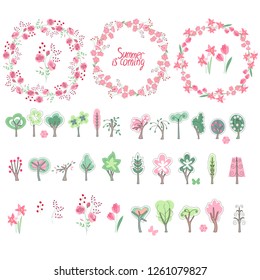 Summer elements. Phrase Summer is coming. Blossoming trees and flowers. Round frame. Template for your design, festive greeting cards,  announcements, posters.
