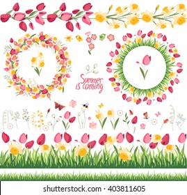 Summer elements. Phrase Summer is coming. Tulips and daffodils. Template for your design, festive greeting cards,  announcements, posters.