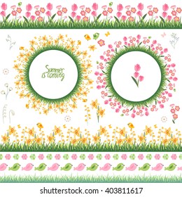 Summer elements. Phrase Summer is coming. Tulips and daffodils. Template for your design, festive greeting cards,  announcements, posters.