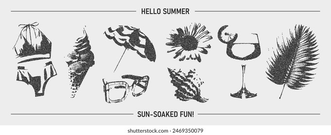 Elementos de verano con efecto fotocopia retro de diseño y2k. Traje de baño, helado, hoja de palma, gafas de sol, sombrilla de playa, manzanilla, cóctel. Textura en forma de puntos de Vector.