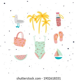 Summer elements seagull, palm tree, bottle of water, bag, swimsuit, slippers, watermelon, boat