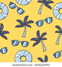 Summer Elements Seamless Pattern, Sunglasses Palm Trees And Swimming Rings On Light Beige Background