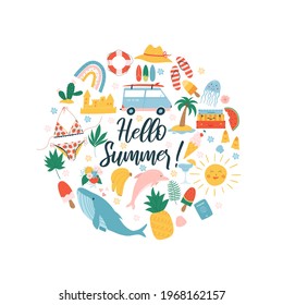 Summer elements set in circle. Colorful vector illustration.