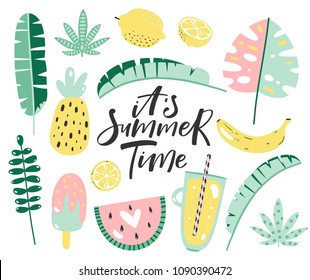 Summer elements set with hand written text. Vector illustration.