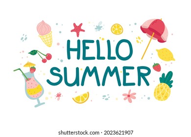 Summer elements set with hand written text. Summer lettering and cute beach. Vector illustration