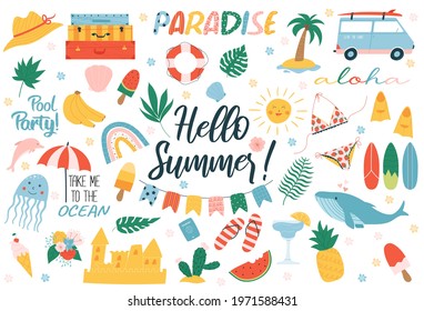 Summer elements set: ice cream, dolphin, beach, watermelon, surfboard, swimsuit, flippers, flowers, plants. Cute and colorful stickers for posters, scrapbooking, summer party invitations.