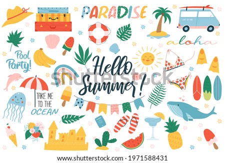 Summer elements set: ice cream, dolphin, beach, watermelon, surfboard, swimsuit, flippers, flowers, plants. Cute and colorful stickers for posters, scrapbooking, summer party invitations.