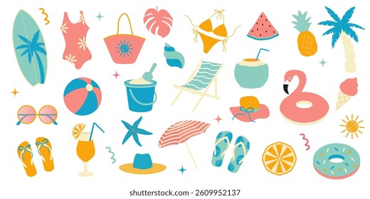 Summer elements set Isolated on white background. Flamingos, ice cream, pineapple, tropic leaves, cocktails, plum tree, watermelon, lemon, beach accessories	